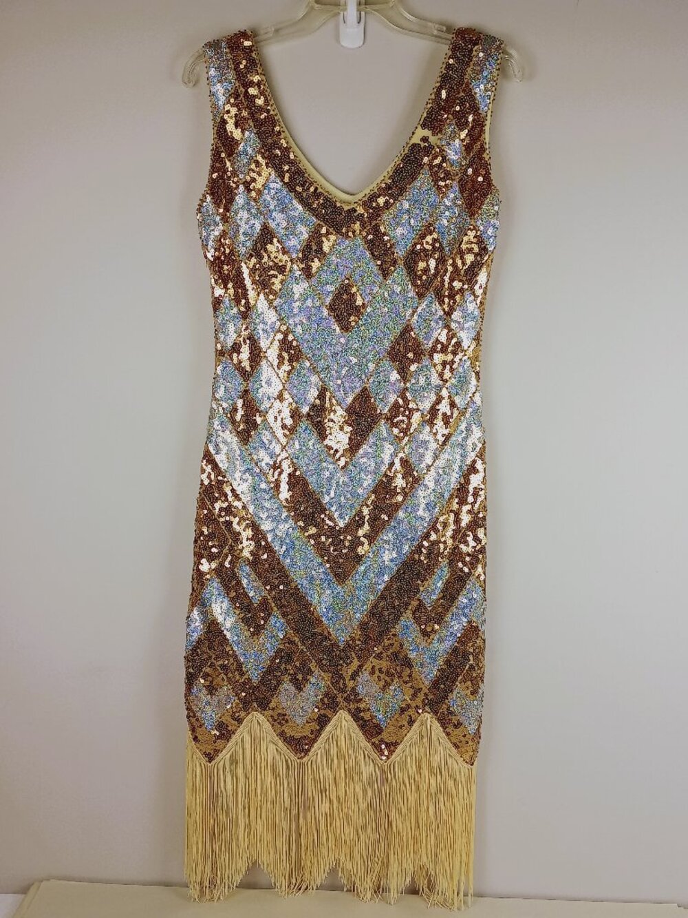 Womens M Gold Silver Sequined Beaded Fringe 1920s Style Lined Flapper Dress - Picture 2 of 12